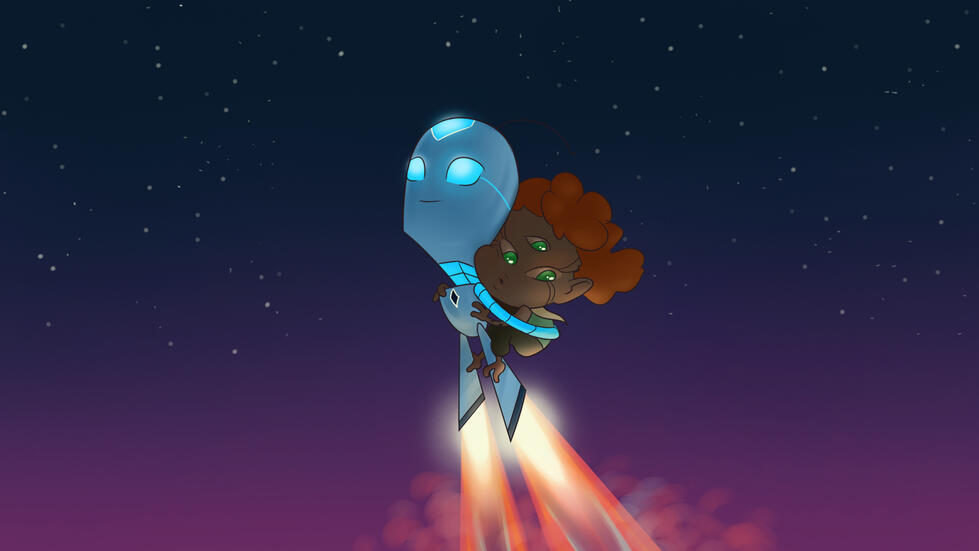 Robot y niña mutante vuelan hacia las estrellas. Del cómic de ciencia ficción NOVA.