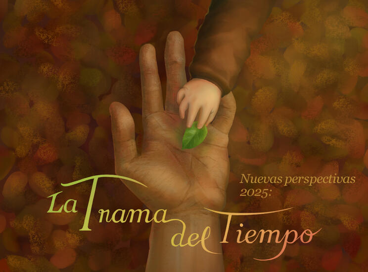 Flyer con ilustración realista de mano de niño levantando una hoja verde de la mano de un adulto. El piso está cubierto de hojas secas. Título en obra: La Trama del Tiempo.