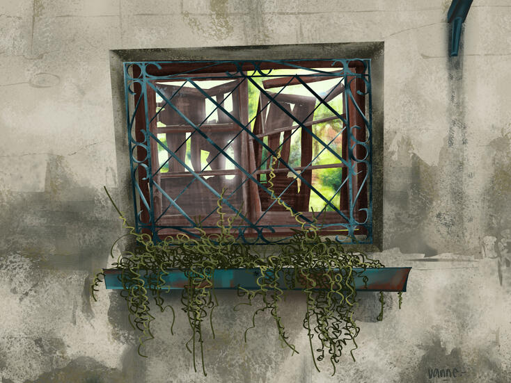 Estudio en digital de ventana de una casa en ruinas, se puede apreciar el uso de texturas y pinceladas estilizadas, con la perspectiva algo exagerada. En el dibujo se ve la ventana en una pared maltratada por el tiempo y la humedad, madera y vidrio roto, u