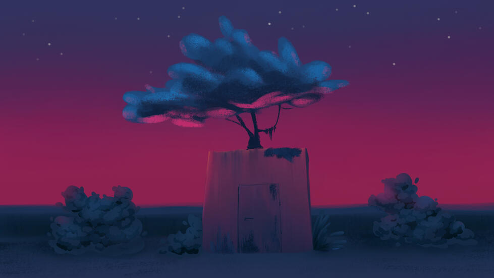 Diseño de fondo en digital para NOVA. Se observa una pequeña construcción con una puerta. Sobre ésta crece un árbol. Atardecer en tonos magentas de variante saturación.