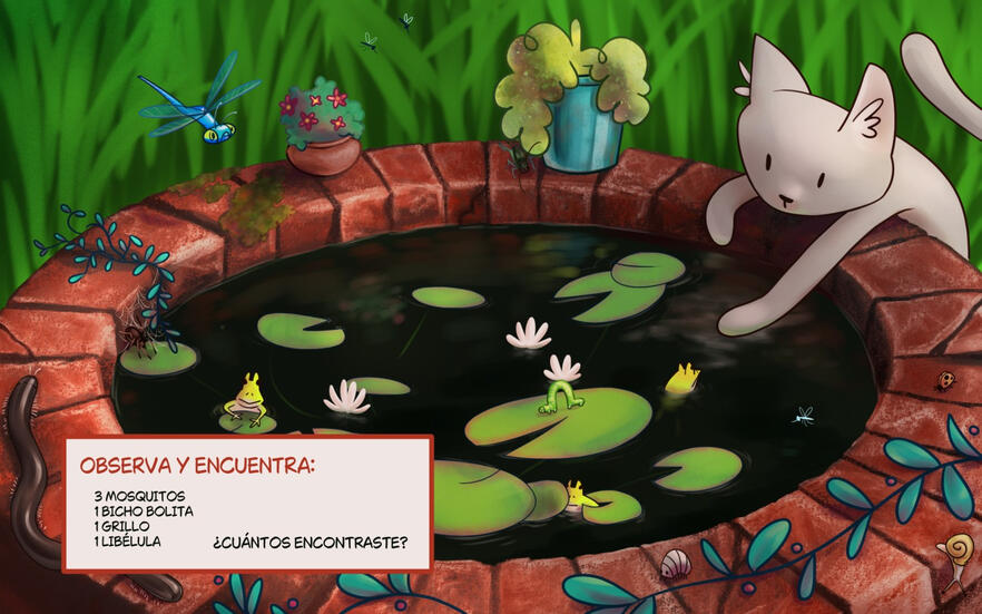 Ilustración de un gato gris mirando bichos en un estanque. Se pueden encontrar, orugas, arañas, caracoles, libélulas, ranas, entre otros, dentro del estanque de ladrillos. Los rodean vegetación, y dentro del agua hay nenúfares florecidos. El cuadro en blan