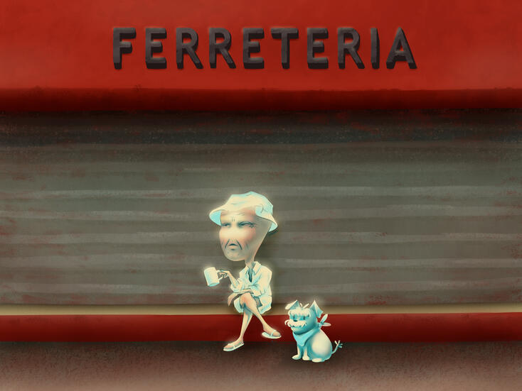 Ilustración en digital de abuelo vestido de blanco sentado en frente de una ferretería cerrada de muros rojos junto a su perrito blanco con pañuelito celeste.